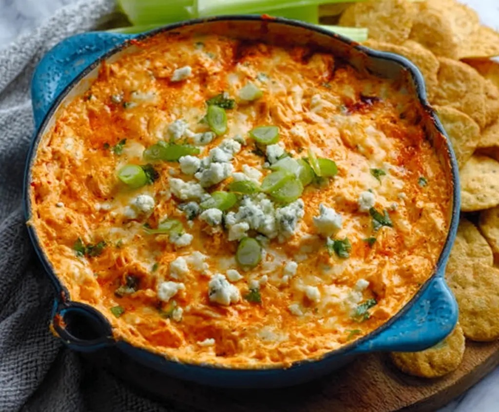 Creamy spicy buffalo chicken dip served with fresh vegetables and tortilla chips