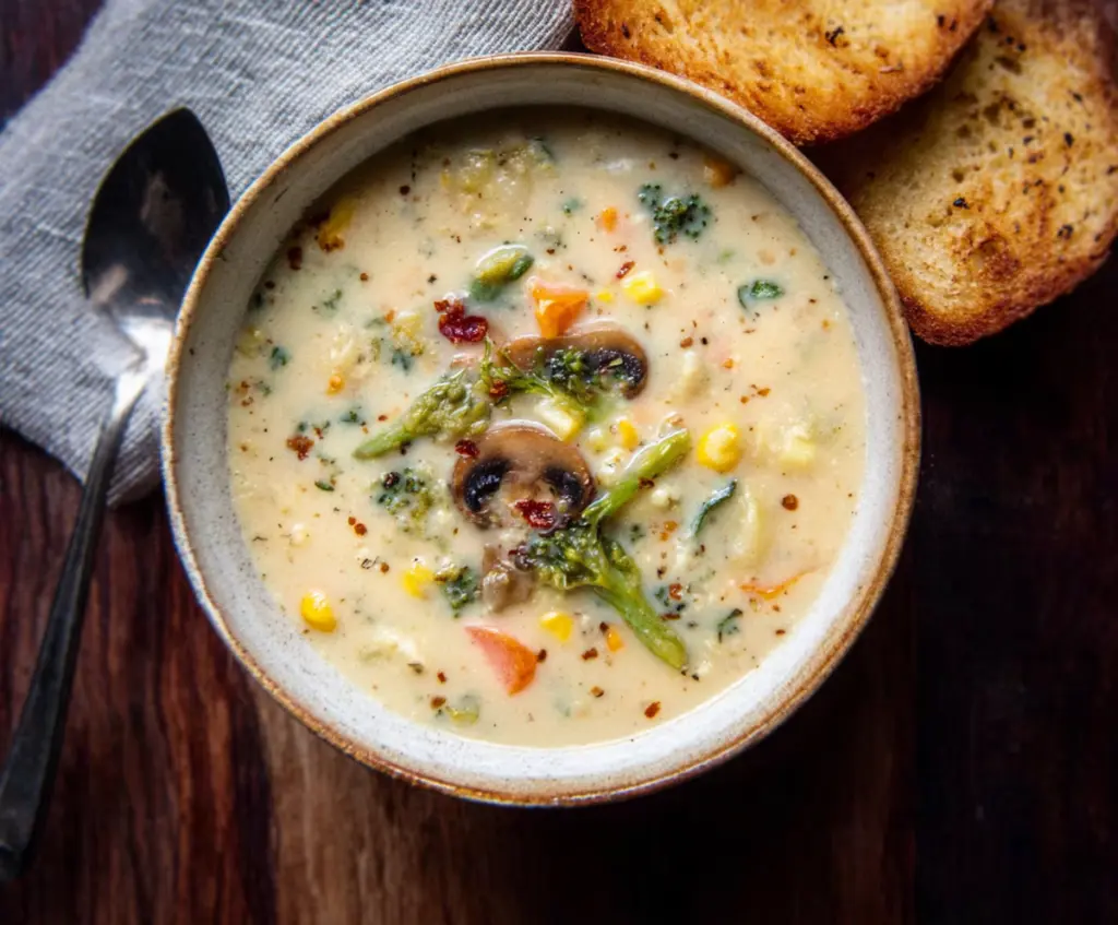 A steaming bowl of Creamy Vegetable Soup with colorful vegetables and herbs garnished on top.