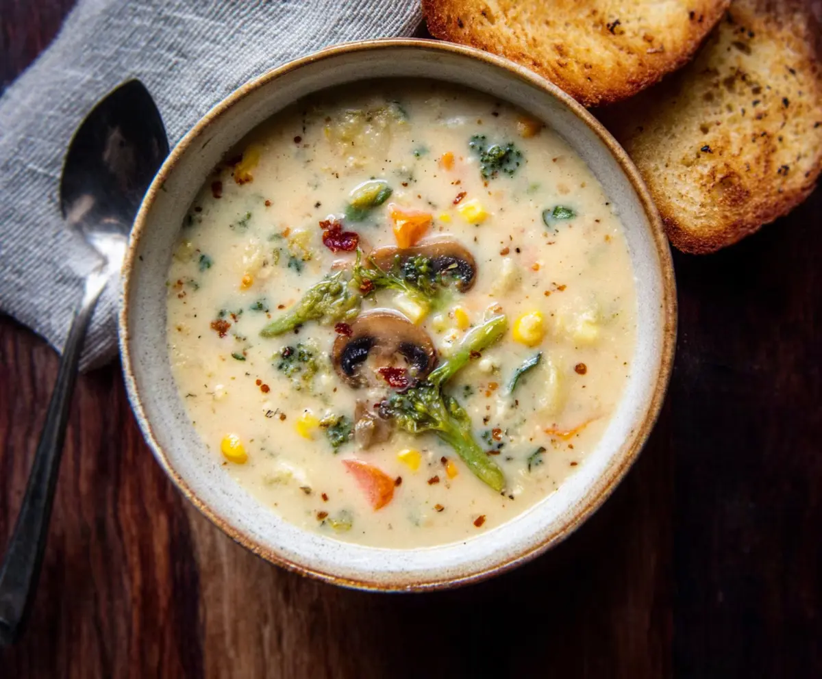 A steaming bowl of Creamy Vegetable Soup with colorful vegetables and herbs garnished on top.