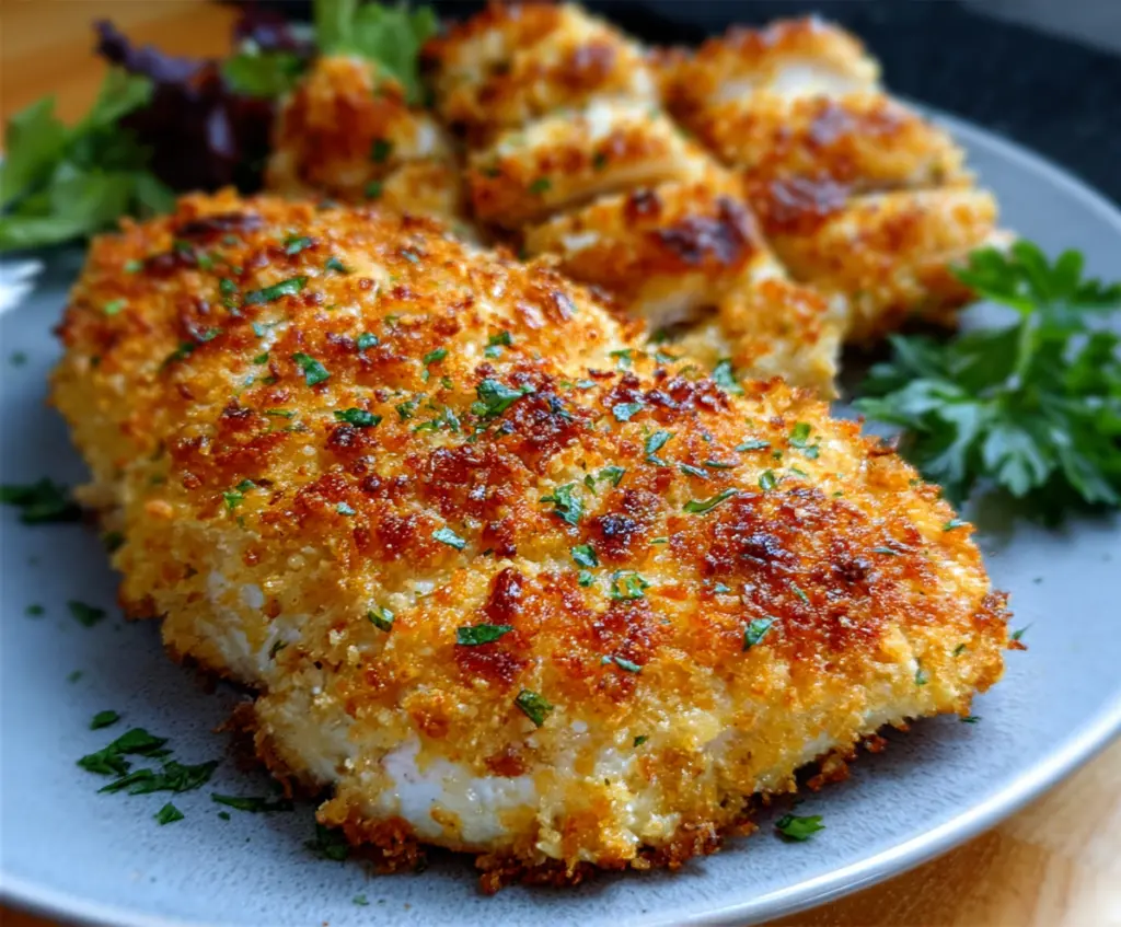 Crispy Air Fryer Parmesan Crusted Chicken served on a plate with herbs
