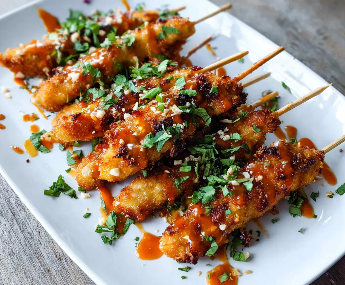 Delicious crispy Bang Bang Chicken skewers garnished with sesame seeds and fresh herbs.