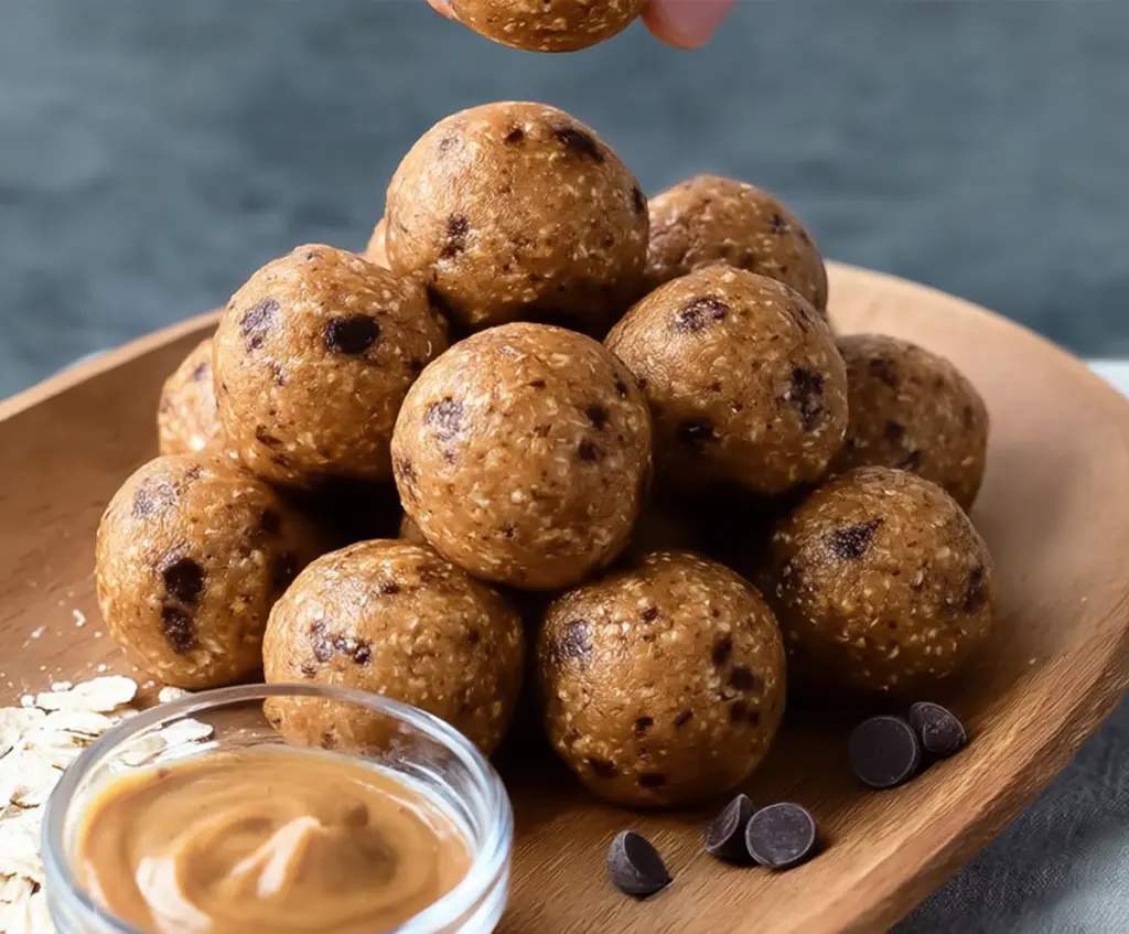 Healthy Kodiak Cakes protein balls with oats, honey, and chocolate chips on a white plate.