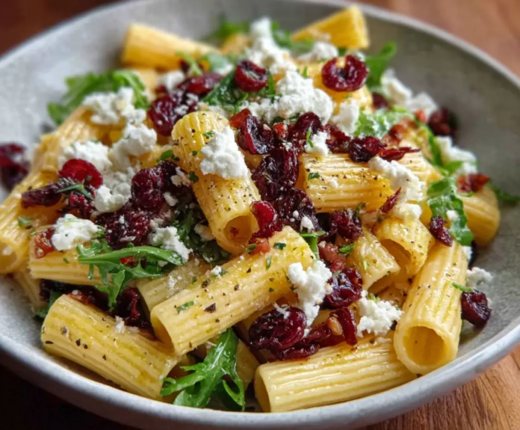 A vibrant Feta & Cranberry Rigatoni Salad garnished with fresh herbs and drizzled with lemon vinaigrette on a white plate.