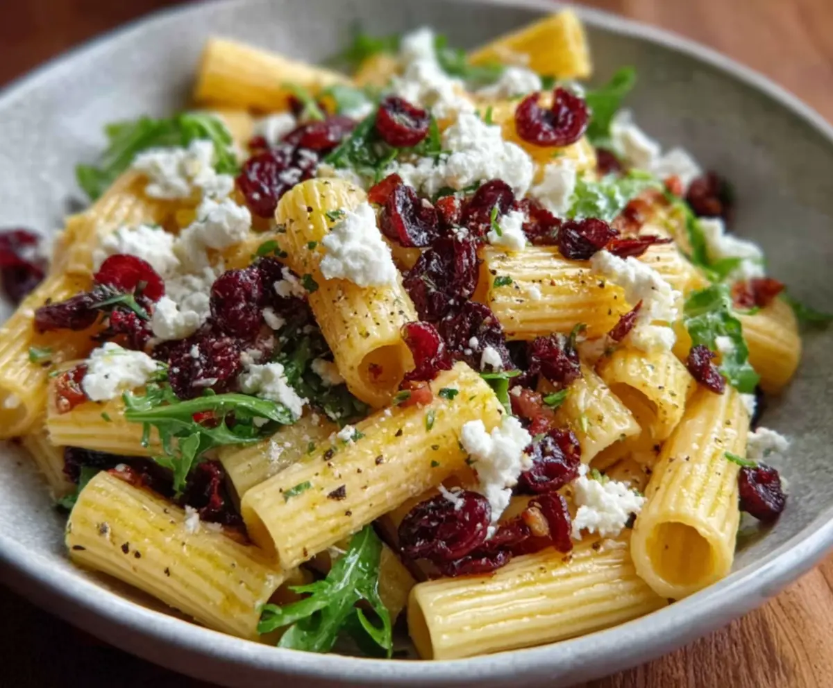 A vibrant Feta & Cranberry Rigatoni Salad garnished with fresh herbs and drizzled with lemon vinaigrette on a white plate.