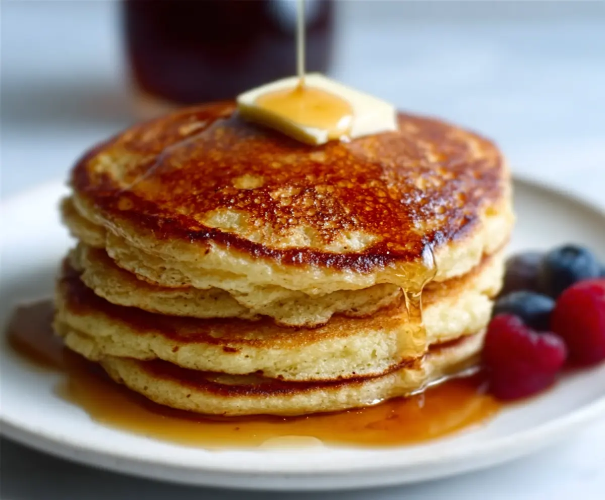 A stack of fluffy sourdough discard pancakes topped with syrup and fresh berries on a plate.