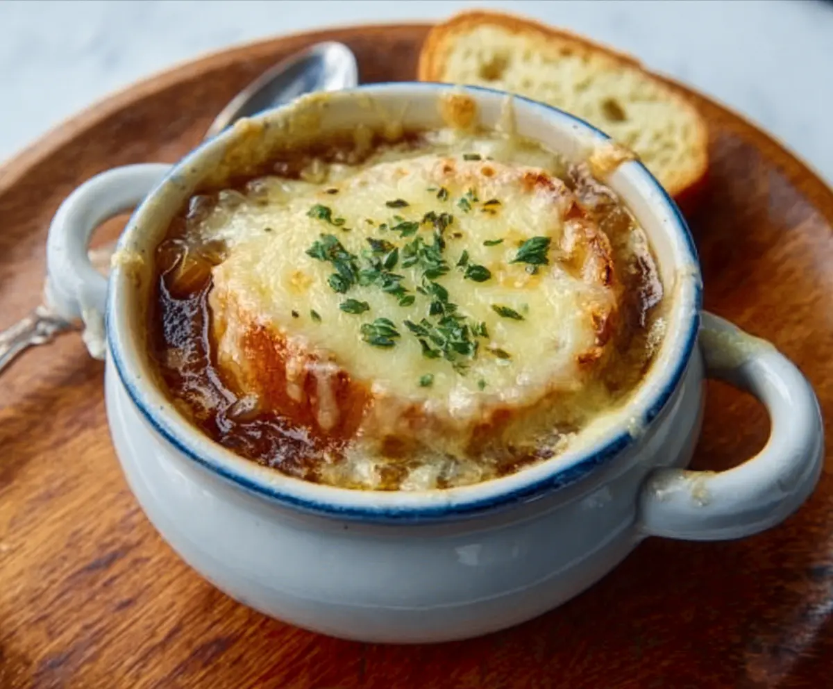 A steaming bowl of traditional French Onion Soup topped with melted cheese and crispy bread croutons.