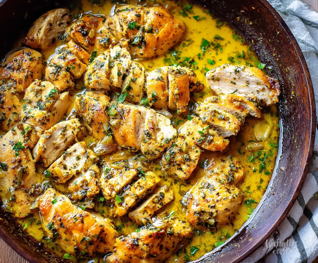 Delicious garlic butter chicken served on a plate, garnished with fresh herbs.