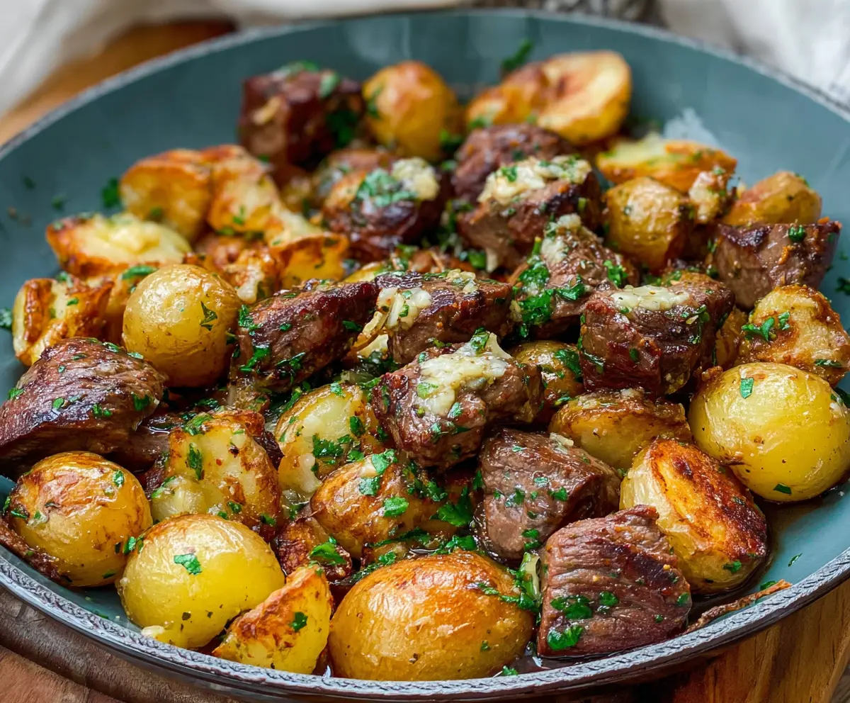 Delicious garlic butter steak bites served with crispy roasted potatoes, perfect for a savory dinner.