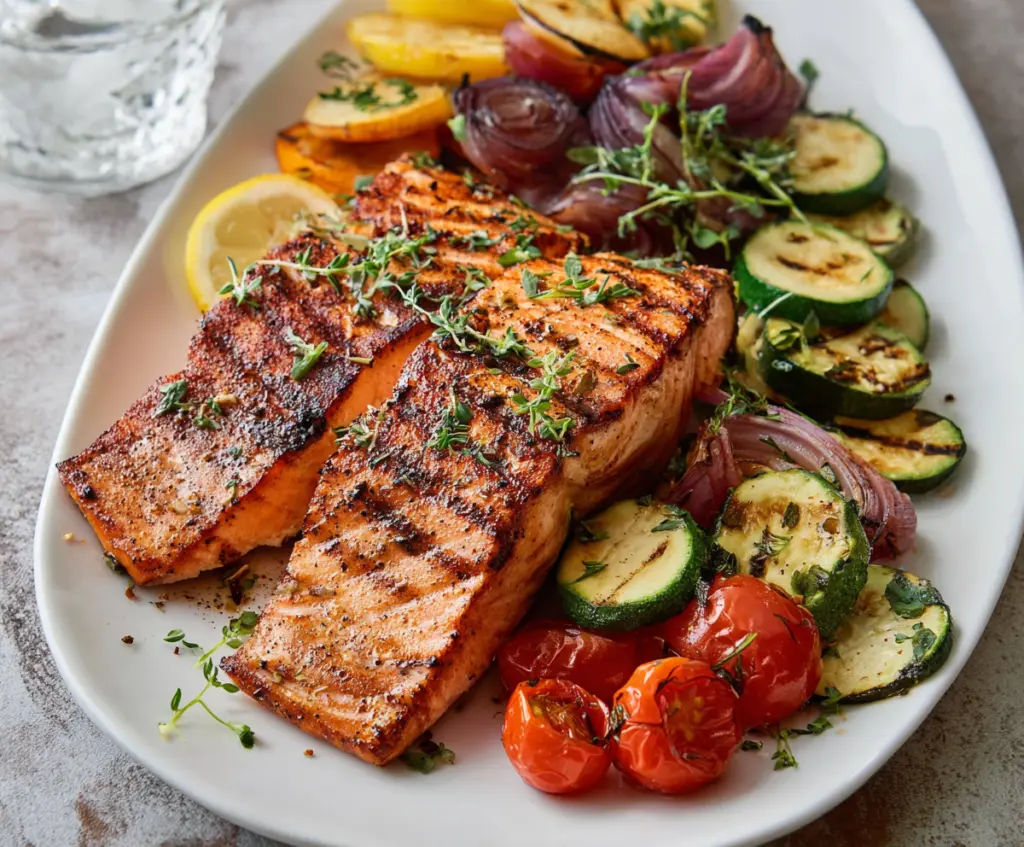 Delicious grilled salmon served with vibrant roasted vegetables on a white plate.