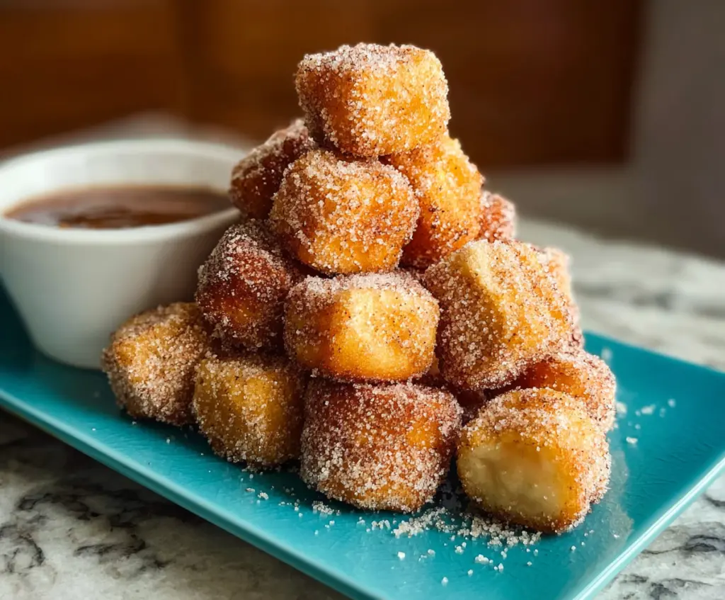 Delicious healthy air fryer churro bites served with cinnamon sugar coating on a white plate.