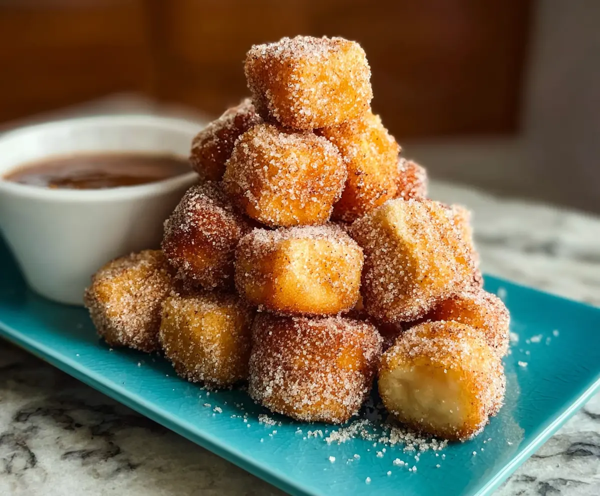Delicious healthy air fryer churro bites served with cinnamon sugar coating on a white plate.