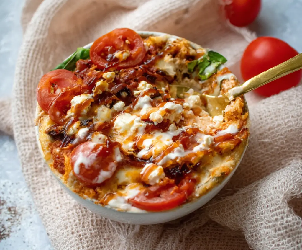 Healthy cottage cheese pizza bowl with fresh vegetables and melted cheese