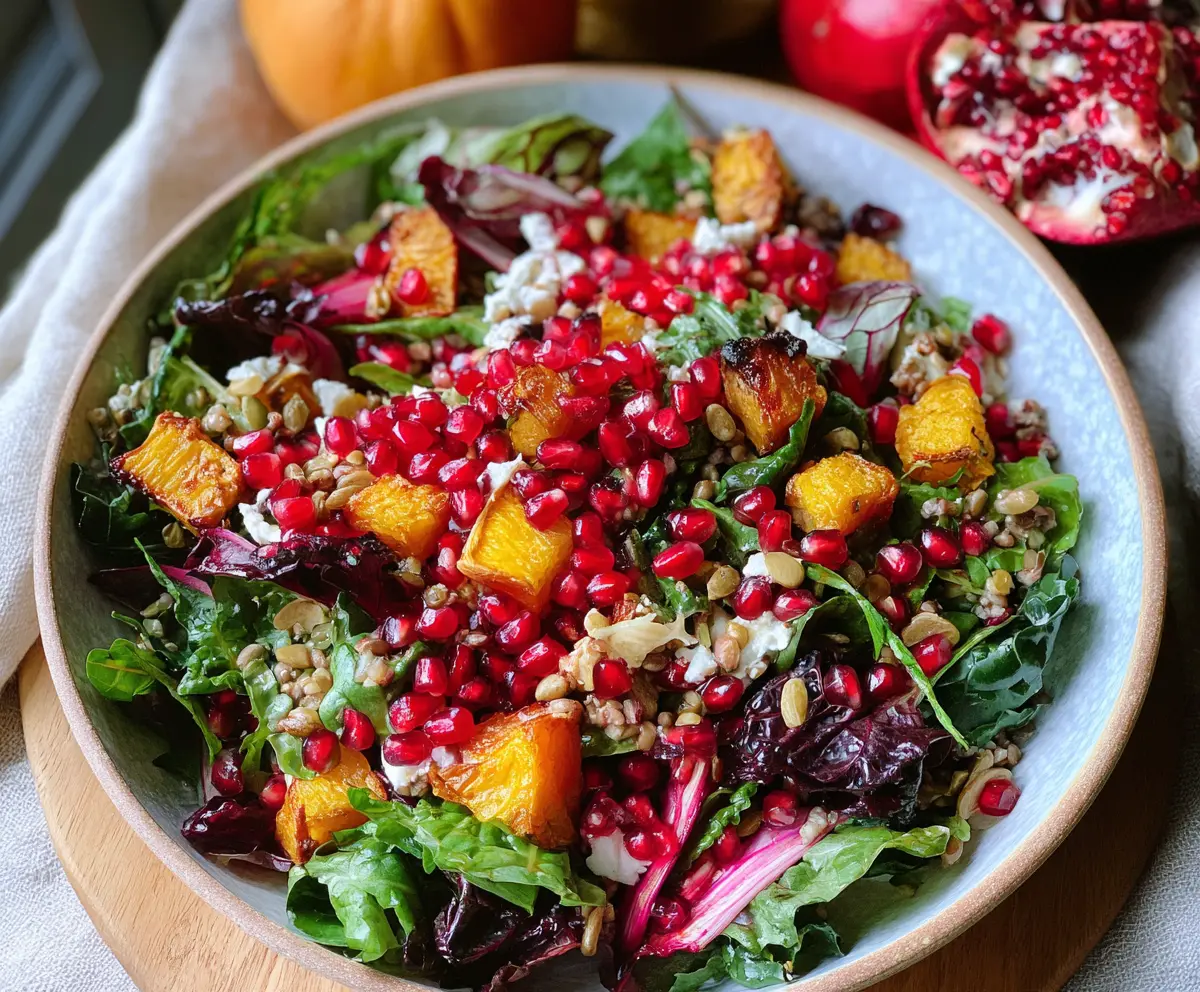 Fresh healthy winter salad with pomegranate seeds and mixed greens.