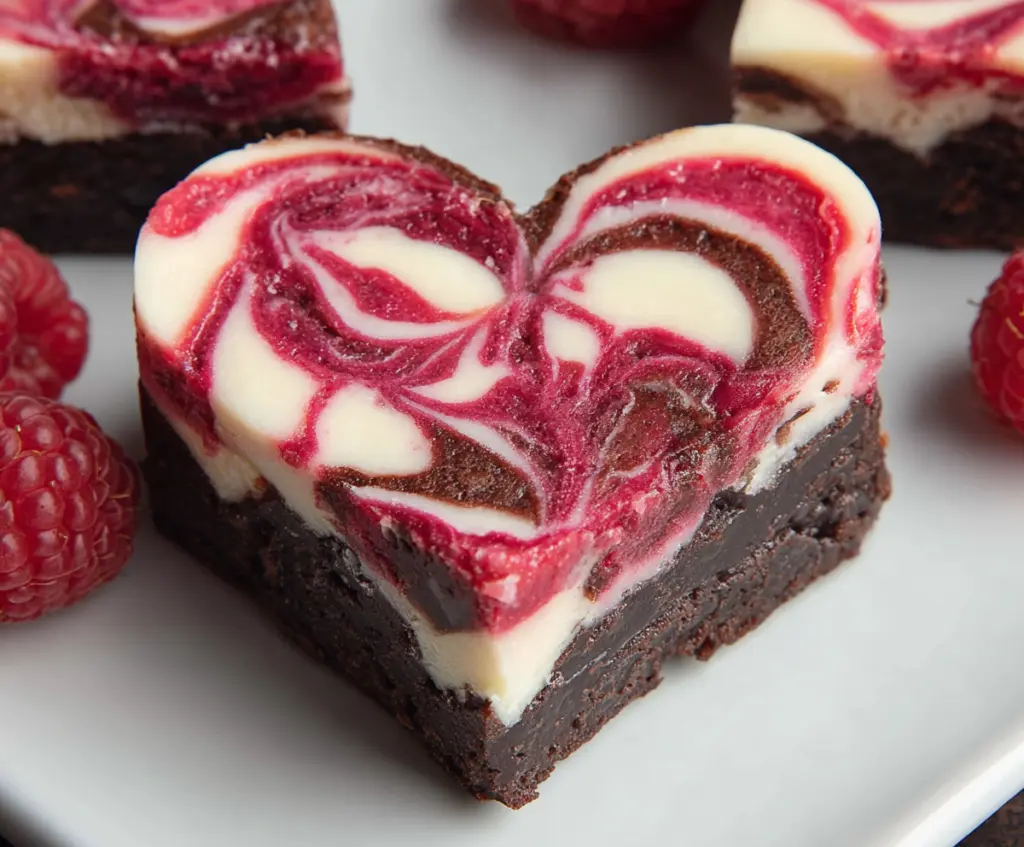 Delicious heart-shaped brownies with raspberry swirl and creamy cheesecake topping for Valentine's Day dessert.