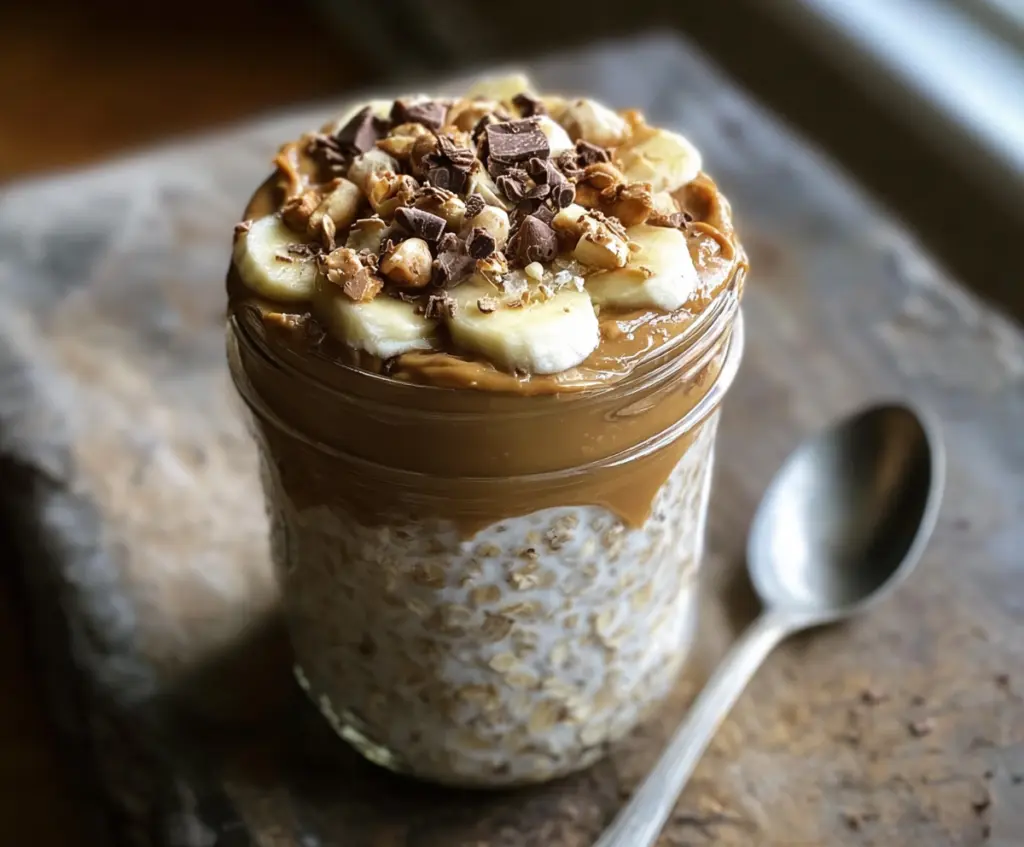 Creamy high-protein peanut butter overnight oats in a glass jar topped with fresh berries and sliced bananas