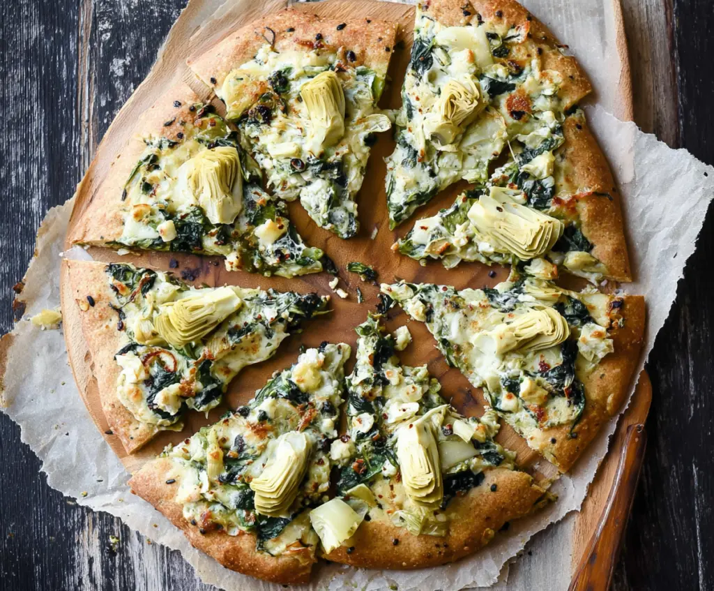 Delicious high protein spinach and artichoke pizza topped with fresh greens and melted cheese.