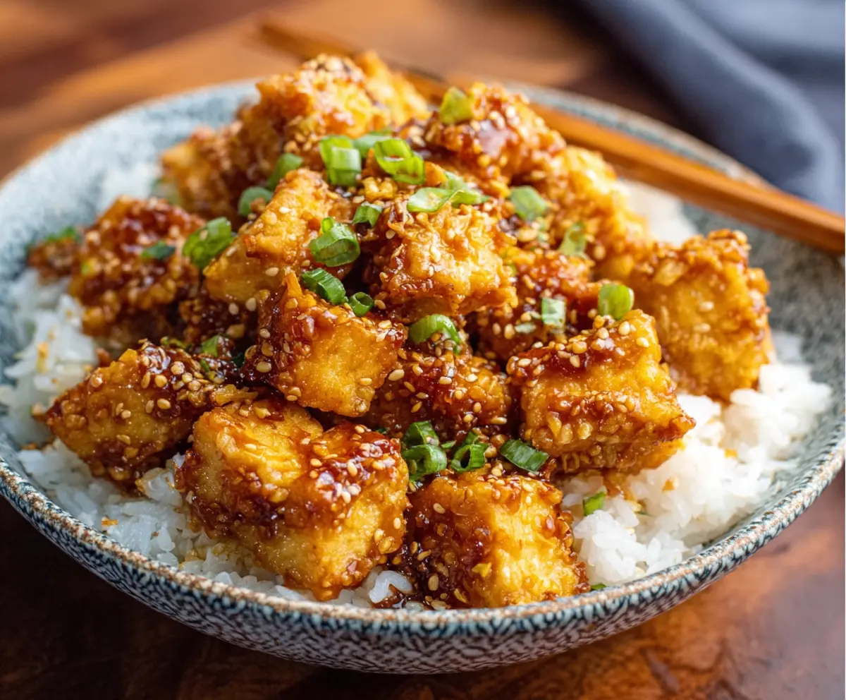 Delicious Honey Garlic Tofu served with fresh vegetables on a plate