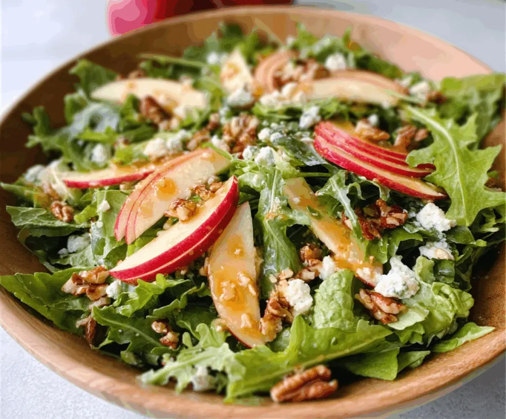 Fresh Honeycrisp apple salad with mixed greens and honey drizzle.
