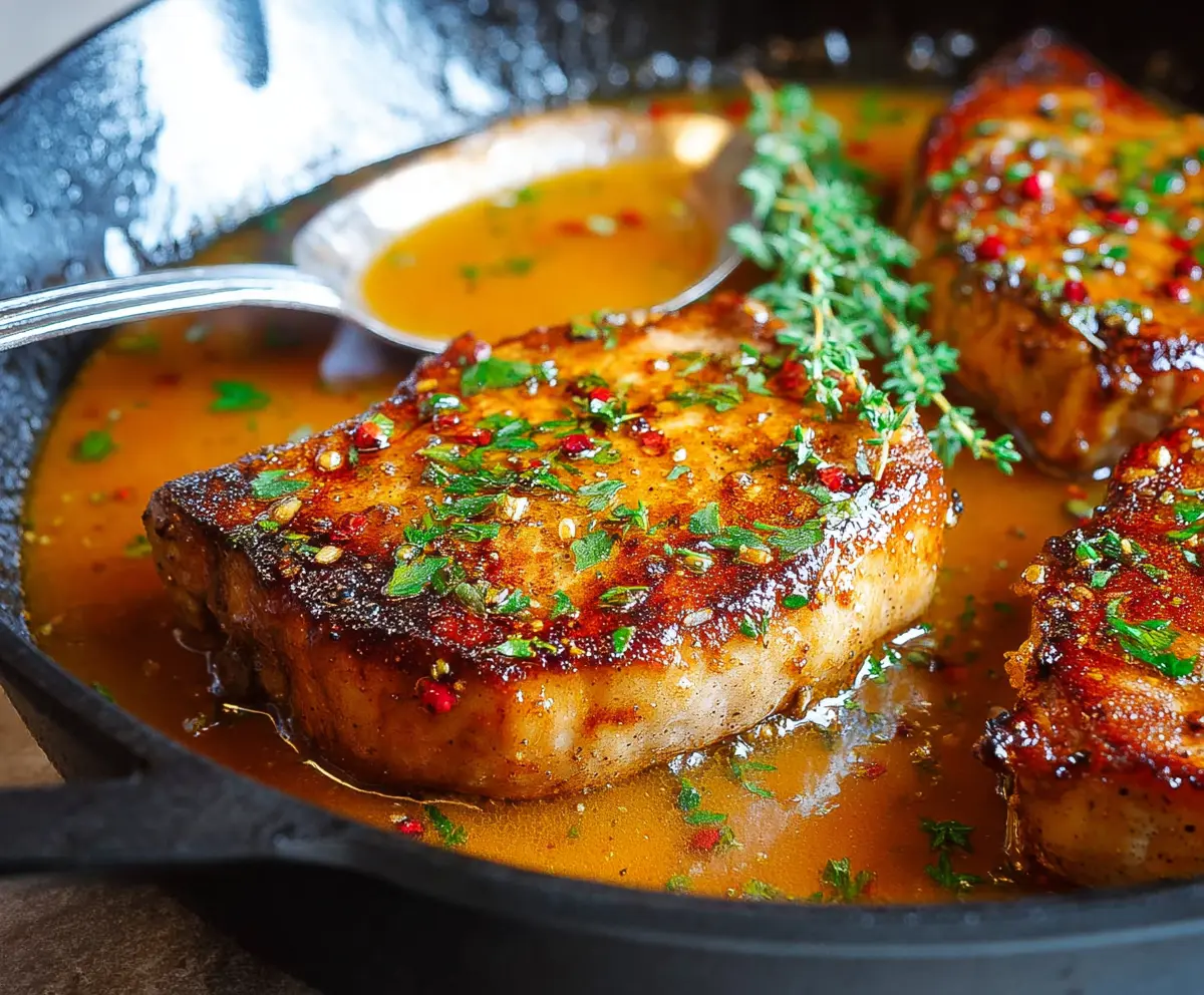 Succulent pan-seared pork chops with a crispy golden crust served on a plate.
