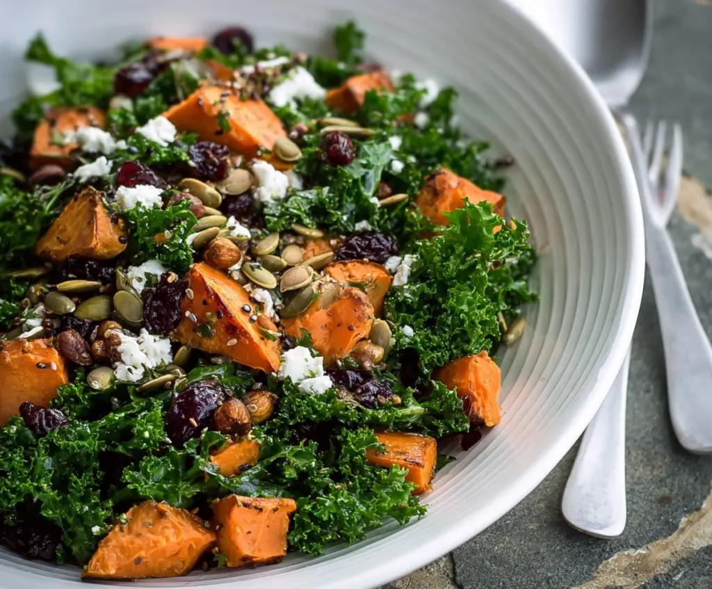 Vibrant Kale and Roasted Sweet Potato Salad served in a bowl for a healthy meal.