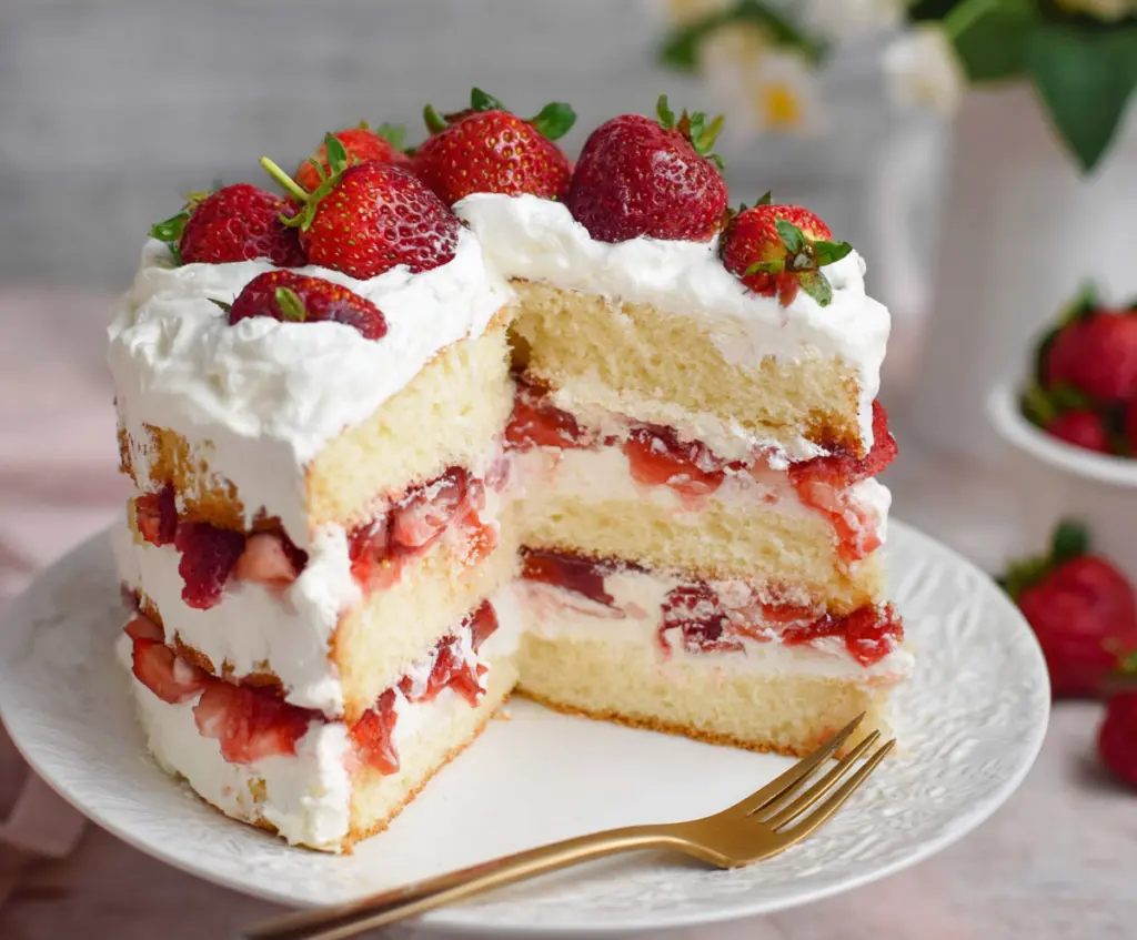 Delicious layered strawberry shortcake cake with fresh strawberries and whipped cream.