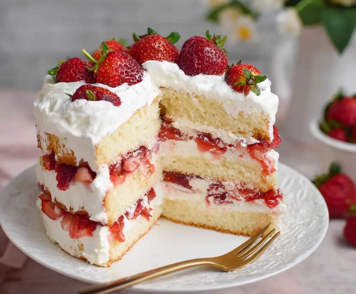 Delicious layered strawberry shortcake cake with fresh strawberries and whipped cream.