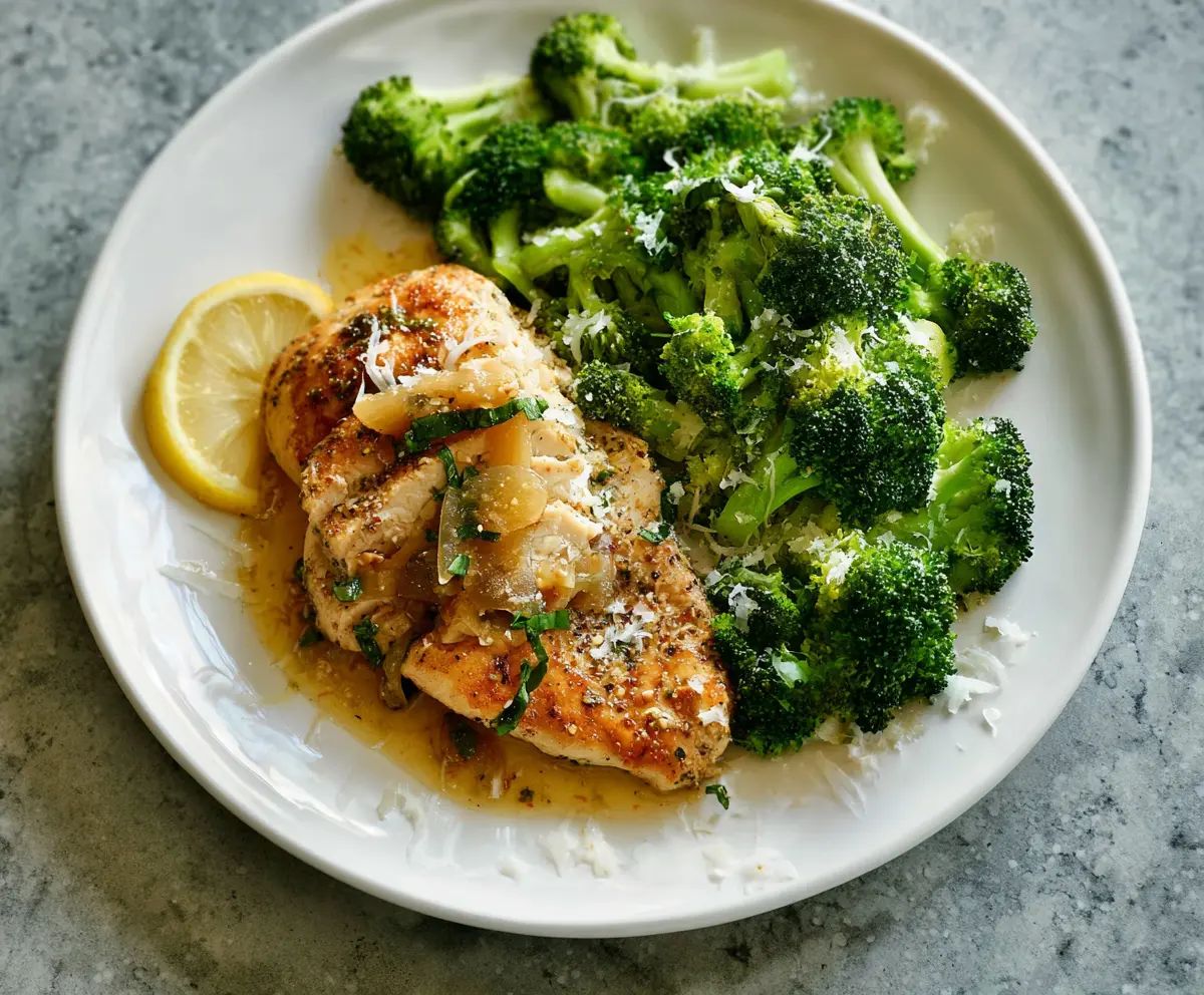 Delicious Lemon Garlic Chicken with Steamed Broccoli on a plate, garnished with fresh herbs.