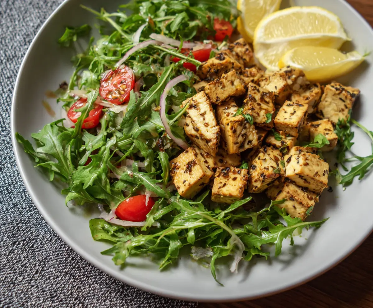Vibrant Lemon-Garlic Tofu served with fresh arugula salad on a plate.