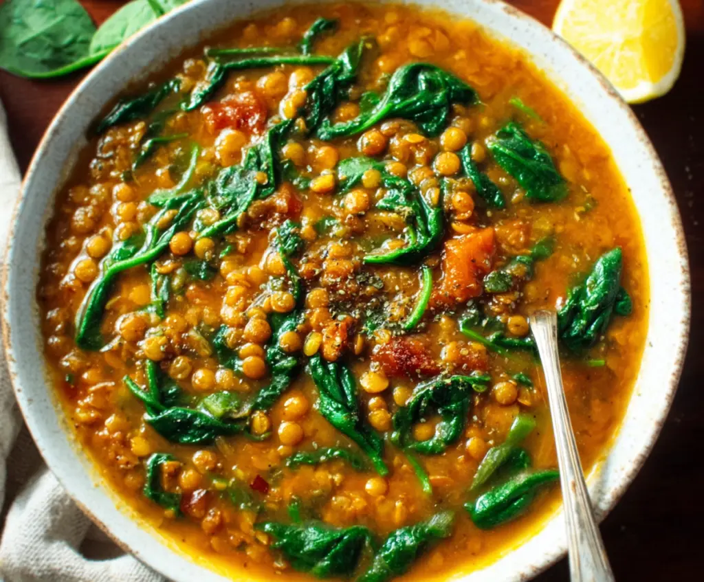 Delicious lentil and spinach soup in a bowl with fresh ingredients on a rustic wooden table.