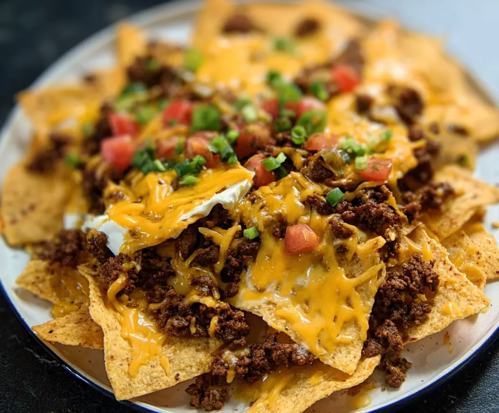 Delicious loaded nachos topped with seasoned ground beef, melted cheese, and fresh toppings on a serving platter.
