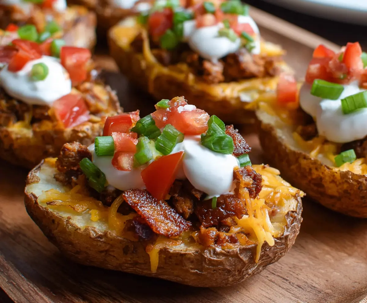 Delicious loaded potato skins topped with cheese, bacon, and green onions, perfect as a tasty appetizer.