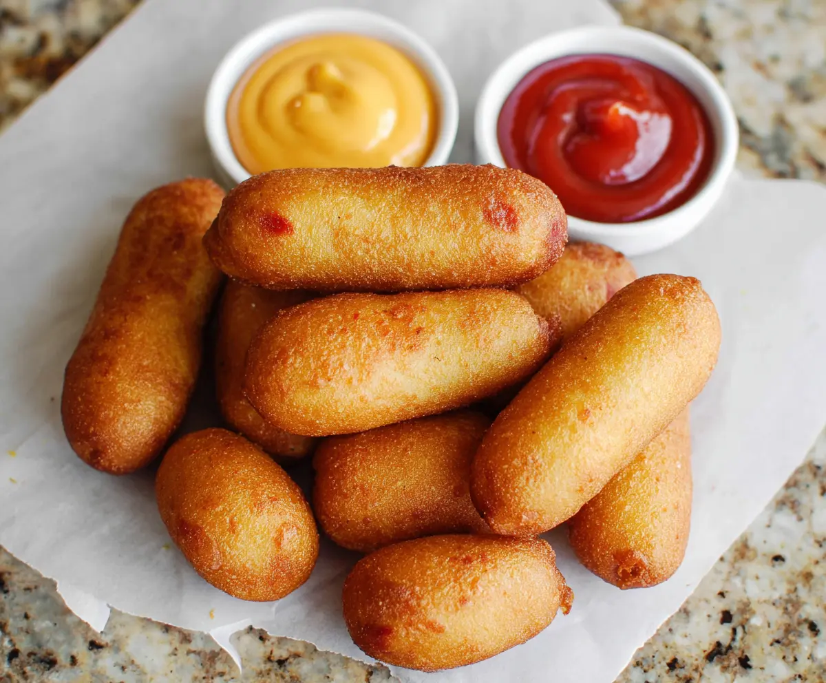 Golden mini corn dogs served on a plate with mustard dipping sauce