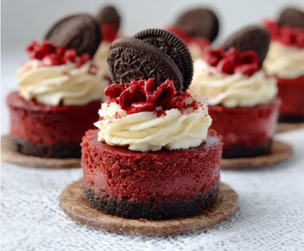 Delicious mini red velvet cheesecakes with cream cheese frosting on a decorative plate.