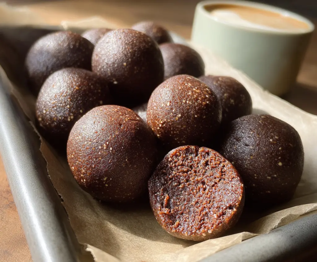Delicious Mocha Espresso Protein Balls on a plate, perfect for a healthy snack with coffee flavor
