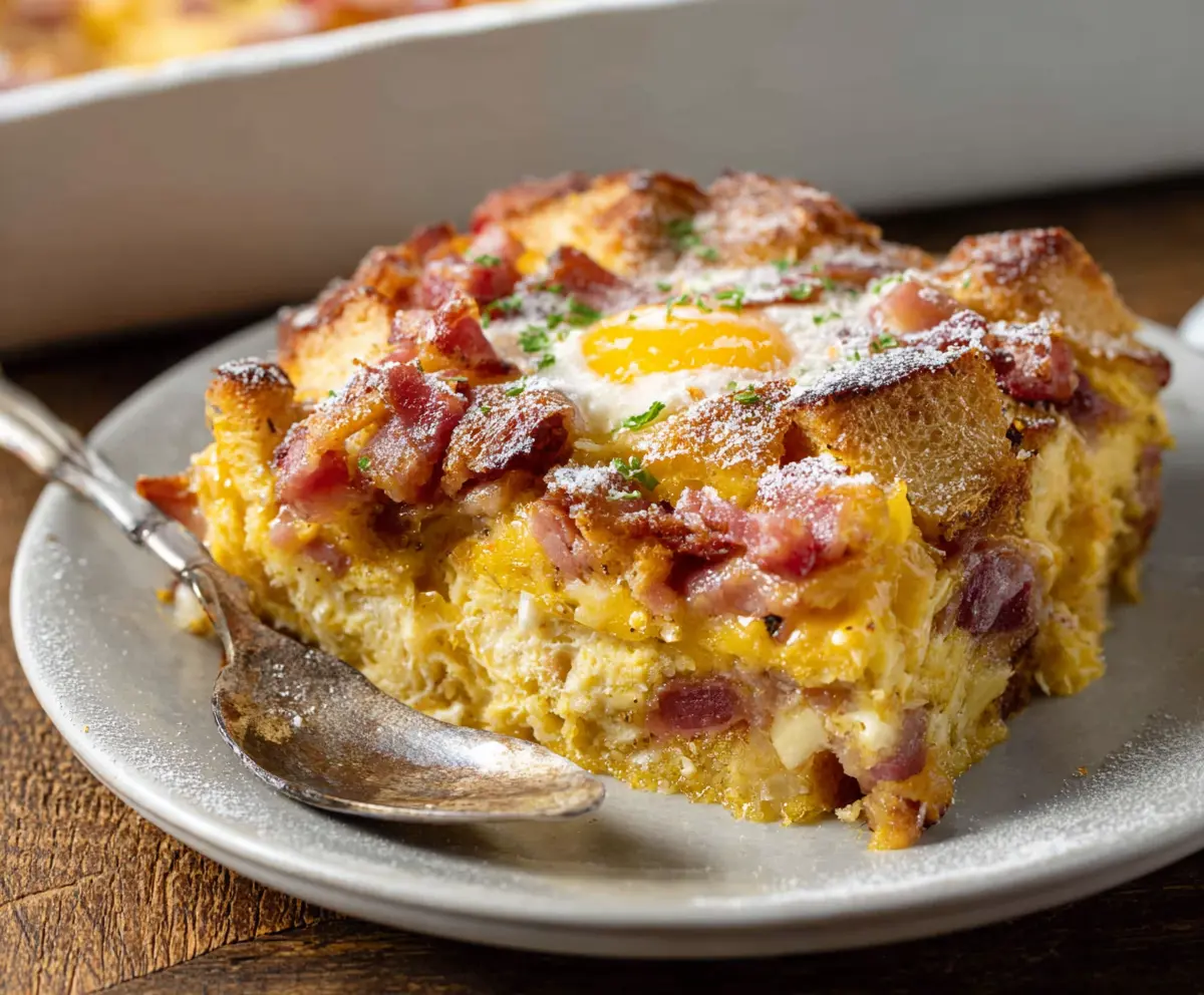 Delicious Monte Cristo Breakfast Casserole topped with fresh herbs and melted cheese.