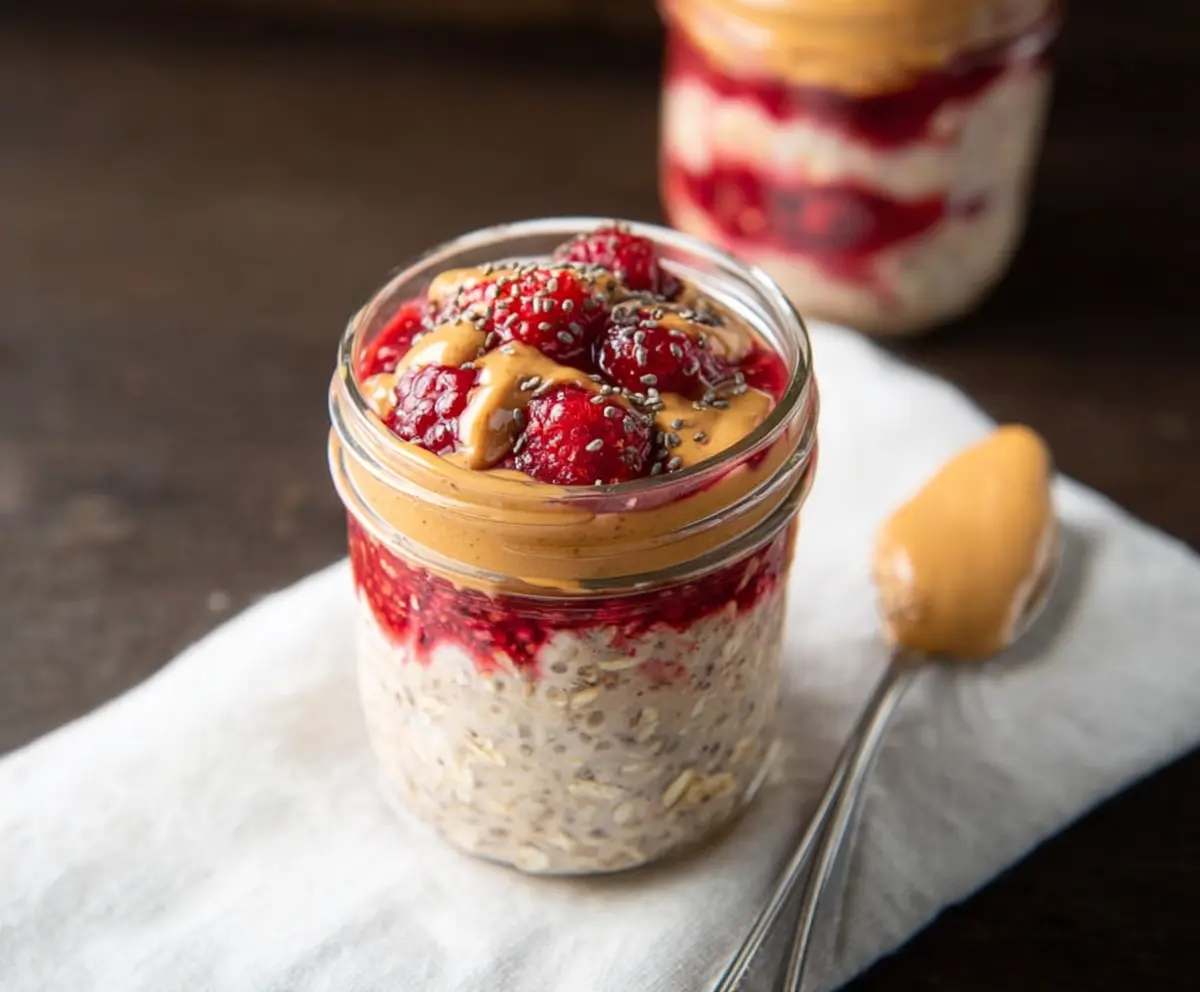 Creamy peanut butter and fruity jelly layered overnight oats in a glass jar for a delicious breakfast.