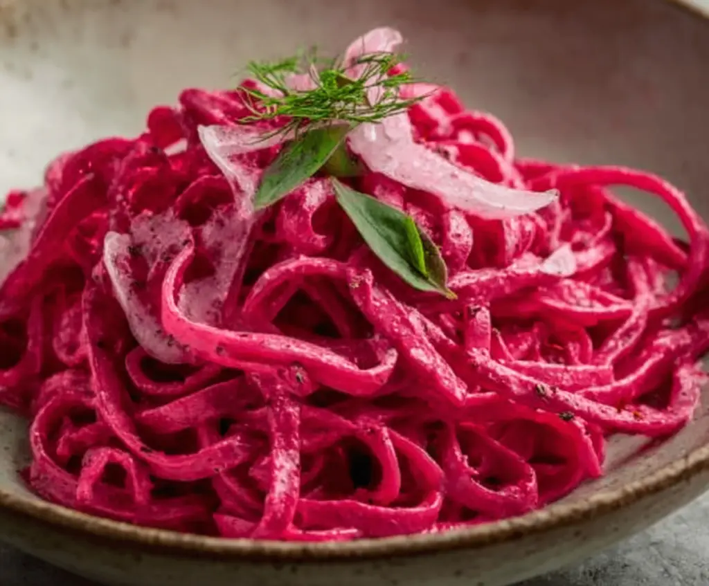 Pink pasta with creamy beet sauce served on a white plate, garnished with fresh herbs.