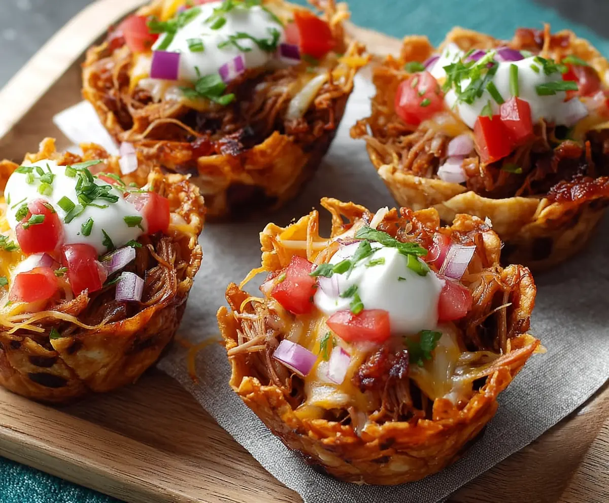Delicious pulled pork nacho cups topped with melted cheese and fresh toppings, perfect for game day or parties.