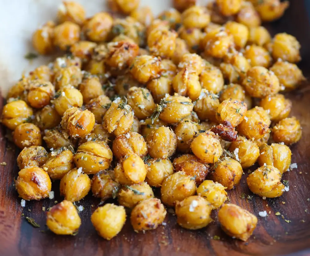 Crunchy ranch-seasoned roasted chickpeas, perfect for healthy snacking and meal prep.