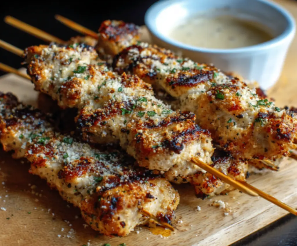 Juicy Ranch Garlic Parmesan Chicken Skewers grilled to perfection on a skewer with herbs and cheese