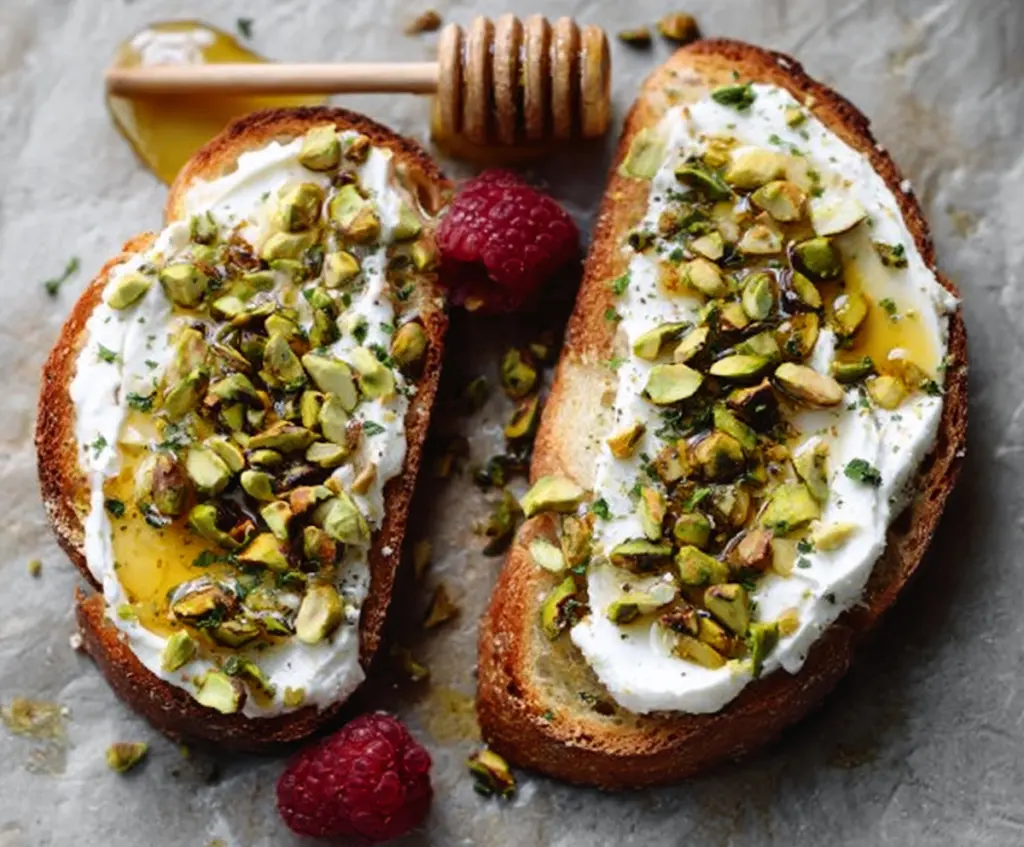 Delicious Raspberry Ricotta Toasts topped with honey and pistachios for a nutritious breakfast