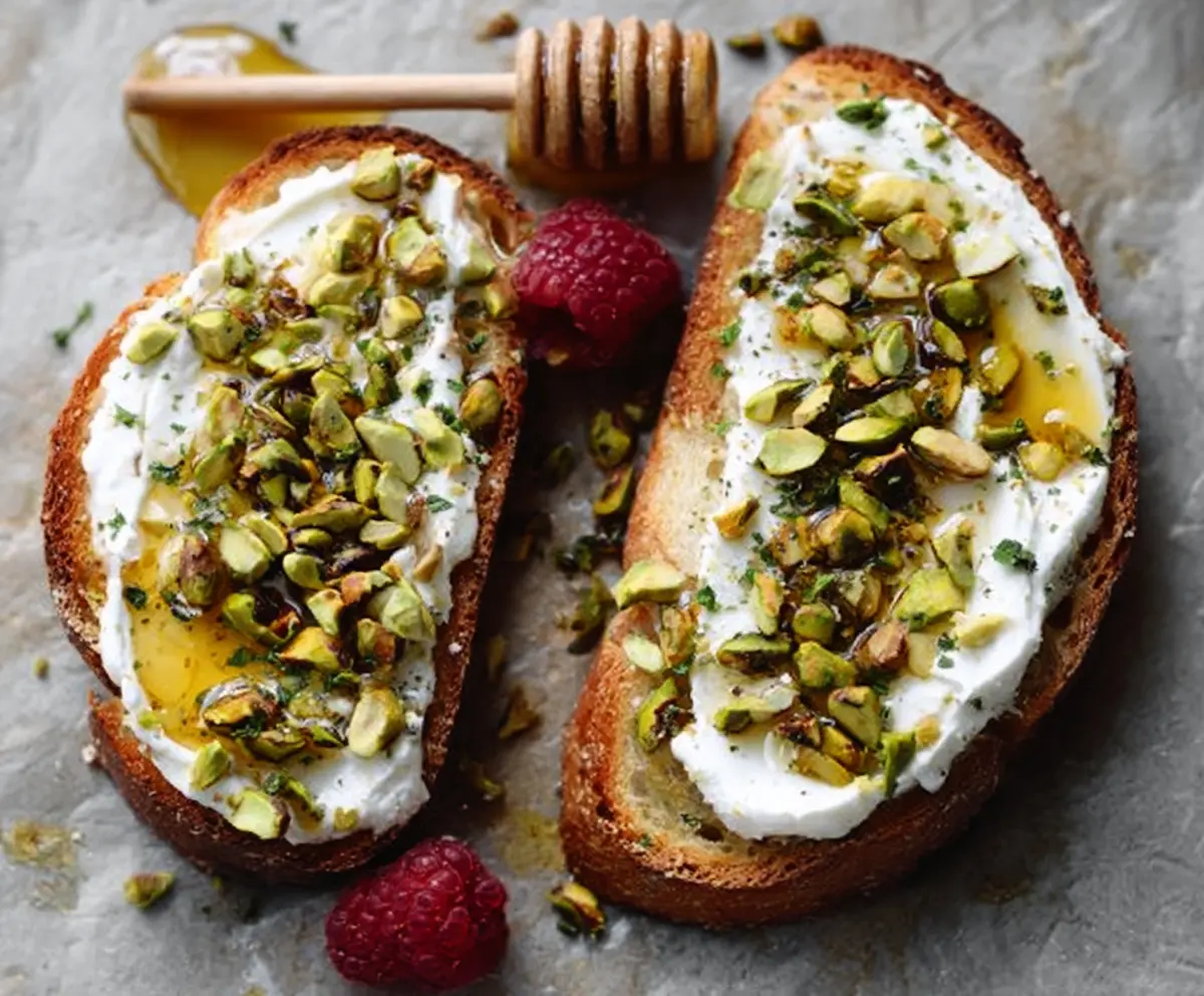 Delicious Raspberry Ricotta Toasts topped with honey and pistachios for a nutritious breakfast