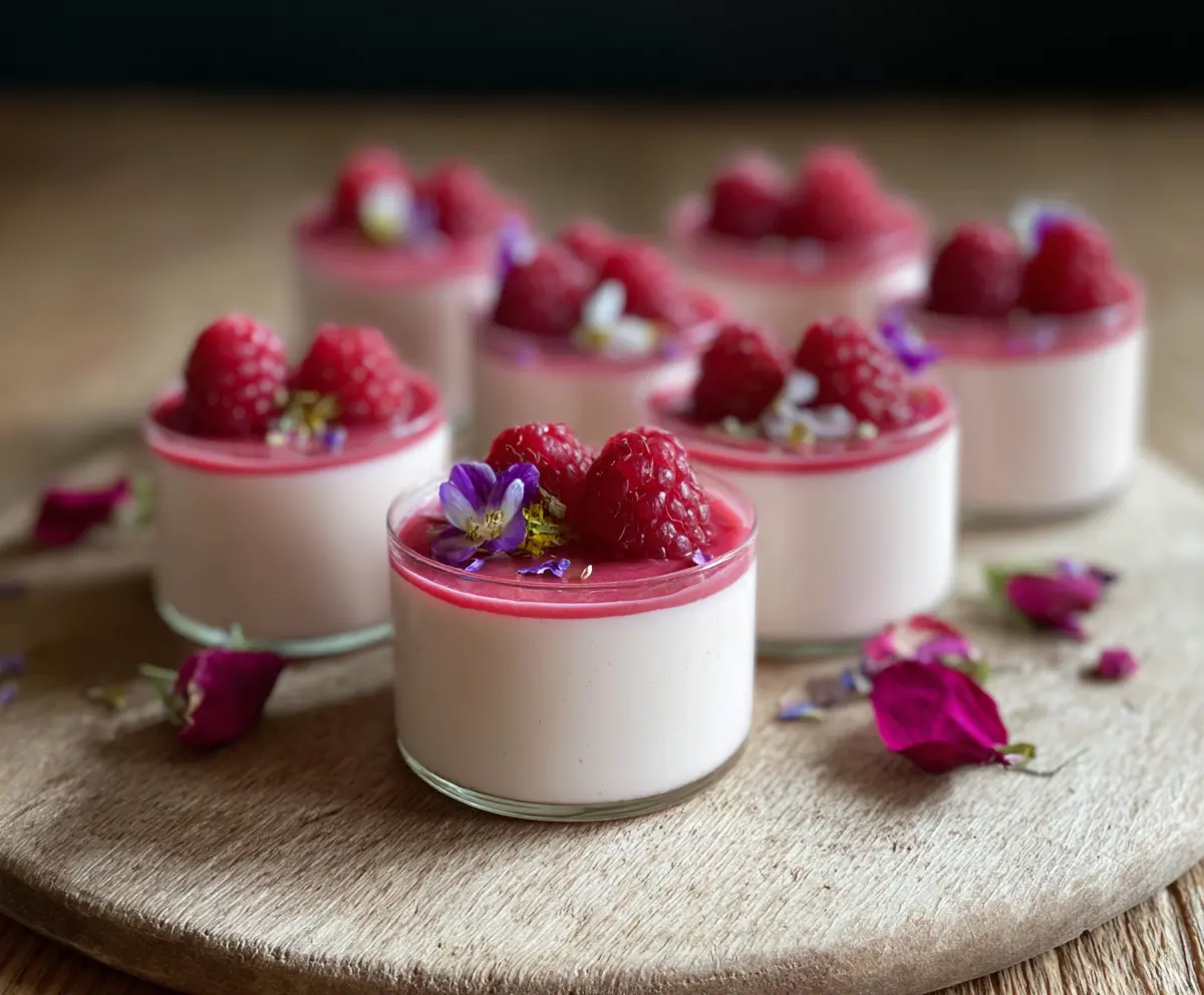 Elegant Raspberry Rose Panna Cotta Cups garnished with fresh raspberries and edible rose petals, perfect for a sophisticated dessert.