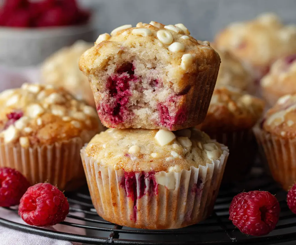Delicious Raspberry White Chocolate Muffins fresh out of the oven, showcasing a golden-brown crust with vibrant raspberry and creamy white chocolate chunks.