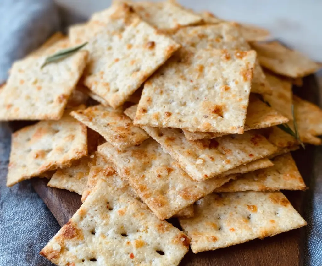 Crispy sourdough discard crackers on a rustic wooden board, perfect for snacks and appetizer platters.