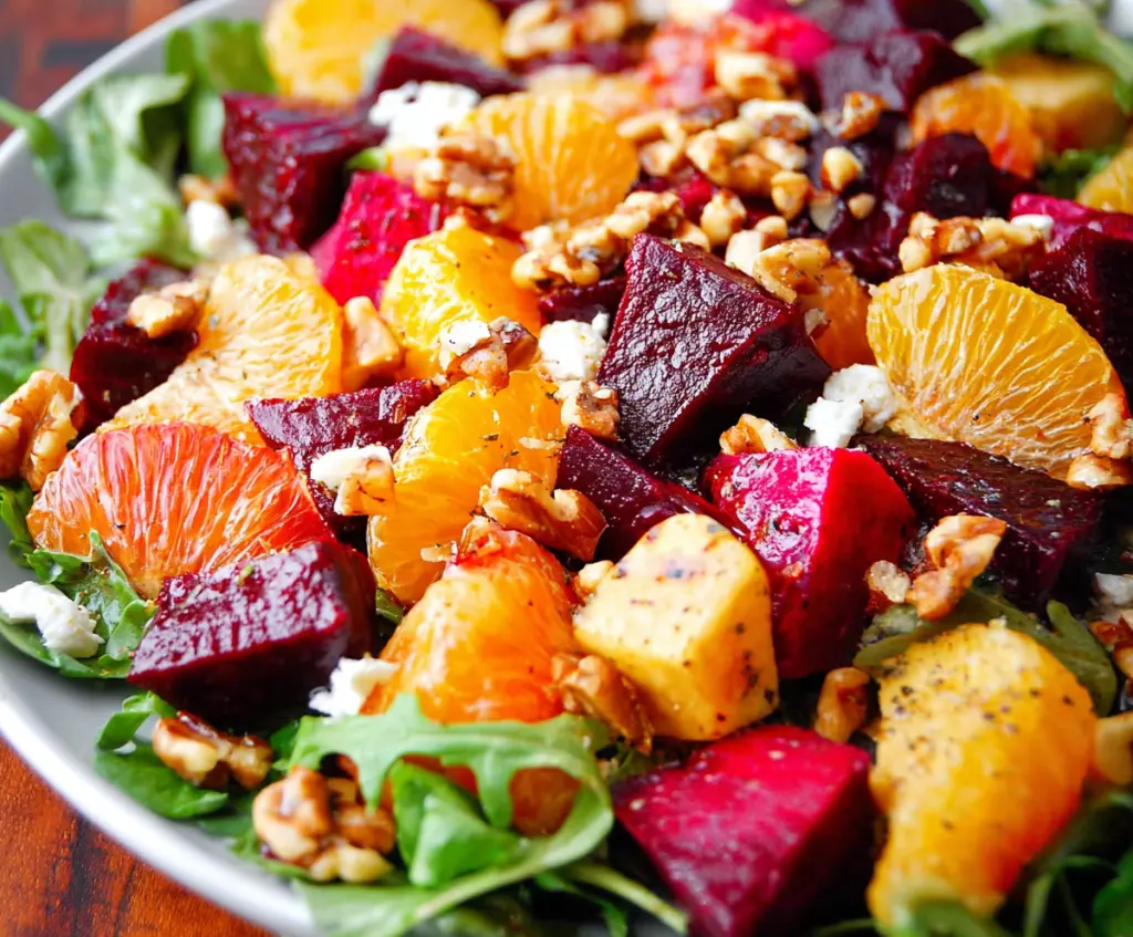 Colorful roasted beet and orange winter salad with fresh greens and nuts, perfect for healthy eating.