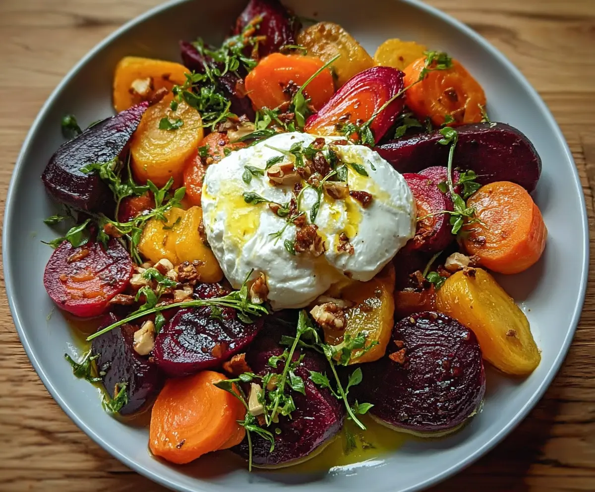 Colorful roasted beets and carrots salad topped with creamy burrata cheese, perfect for a healthy meal.