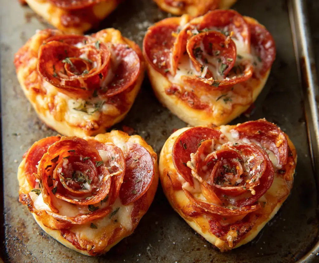 Romantic heart-shaped pizza roses garnished with fresh herbs for a delightful appetizer.