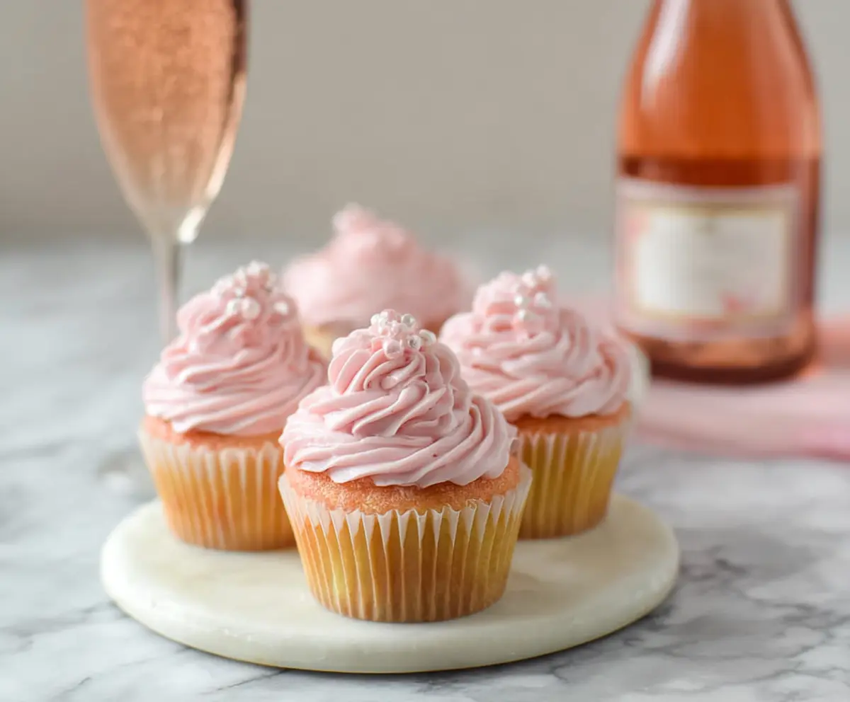 Delicious Rose Champagne Cupcakes topped with pink frosting and edible flowers for a romantic celebration.