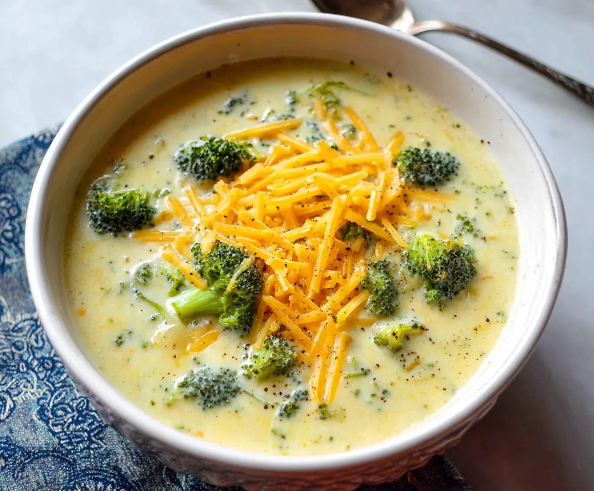A hearty bowl of savory cheddar broccoli potato stew with melted cheese and fresh vegetables.